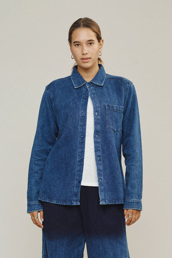 Denim Topanga Shirt | Jungmaven Hemp Clothing & Accessories / model_desc: Maya is 5’10” wearing S