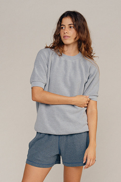 Heathered Short Sleeve Raglan Sherpa Sweatshirt | Jungmaven Hemp Clothing & Accessories / model_desc: Nadia is 5’7” wearing XS